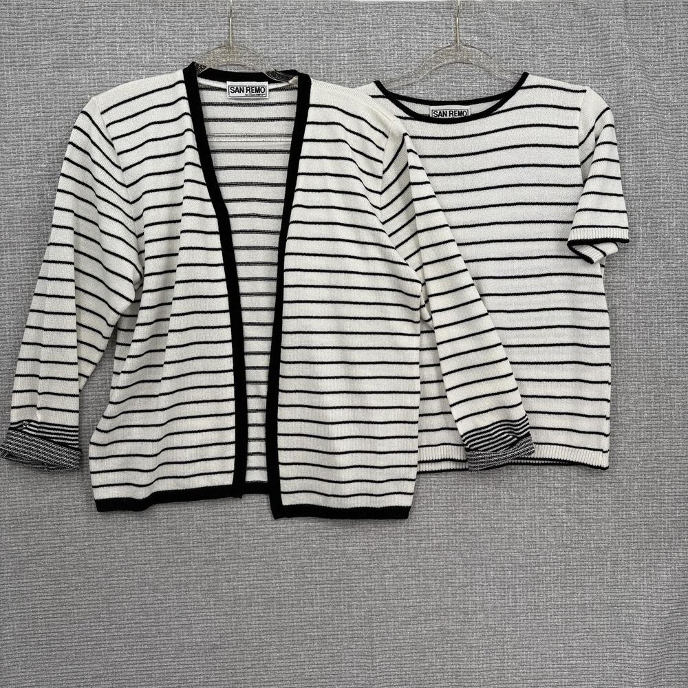 Vintage San Remo‎ Sweater Set Womens Medium Black Striped Cardigan Shell 80s